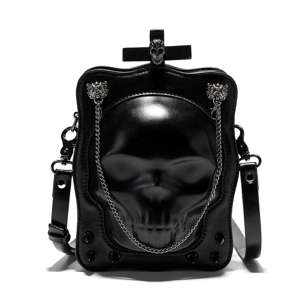 Black mini Halloween skull shoulder bag with zip closure, chain detail and phone pocket
