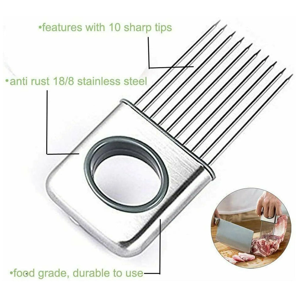 Stainless steel onion holder kitchen tool with sharp prongs and a red finger guard protector on a cutting board.