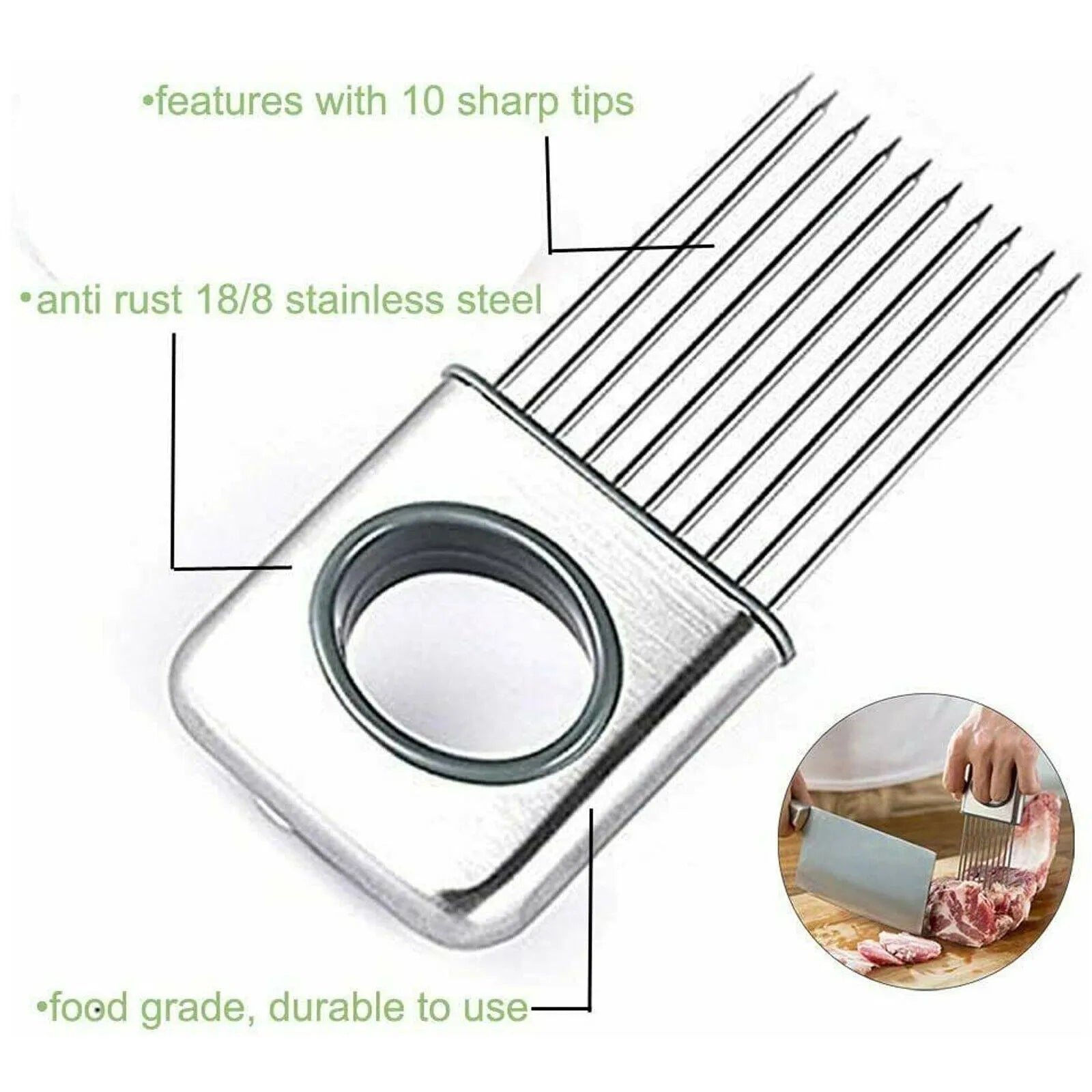 Stainless steel onion holder kitchen tool with sharp prongs and a red finger guard protector on a cutting board.
