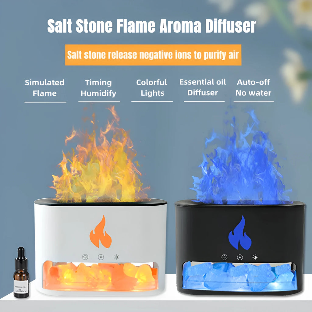 Square white flame humidifier aromatherapy machine with colourful 3D simulation flame on a desk.