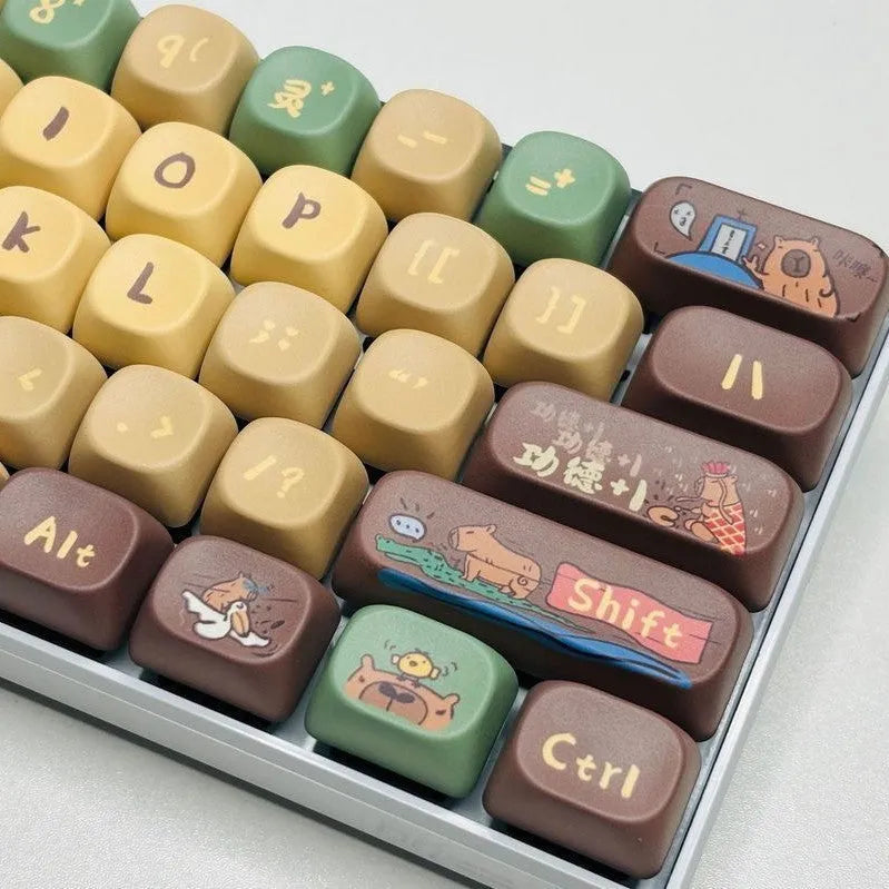 Capabala PBT Girl MOA height 130-key mechanical keyboard keycap set laid out, showing colourful design.