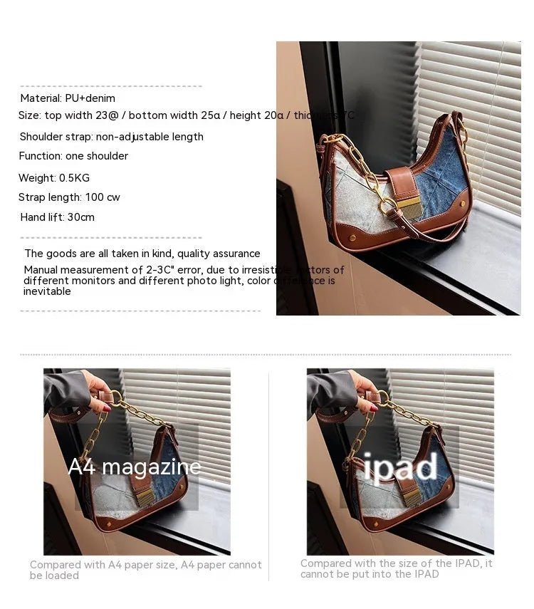 Brown denim women's shoulder bag with diamond mesh and chain detail, bucket shape.