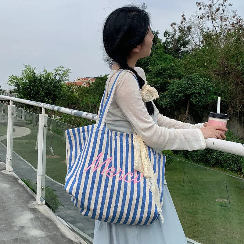 Blue striped letters printed canvas bag in pink blue and white stripes, cotton material construction