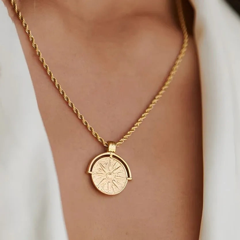 Gold titanium steel sunflower embossed pendant necklace with hemp flowers chain, adjustable 41-50 cm