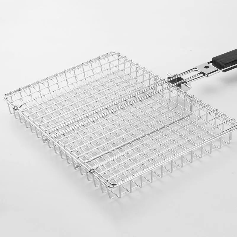 Folding handle BBQ clamp with square metal net for roasting chicken on outdoor grill