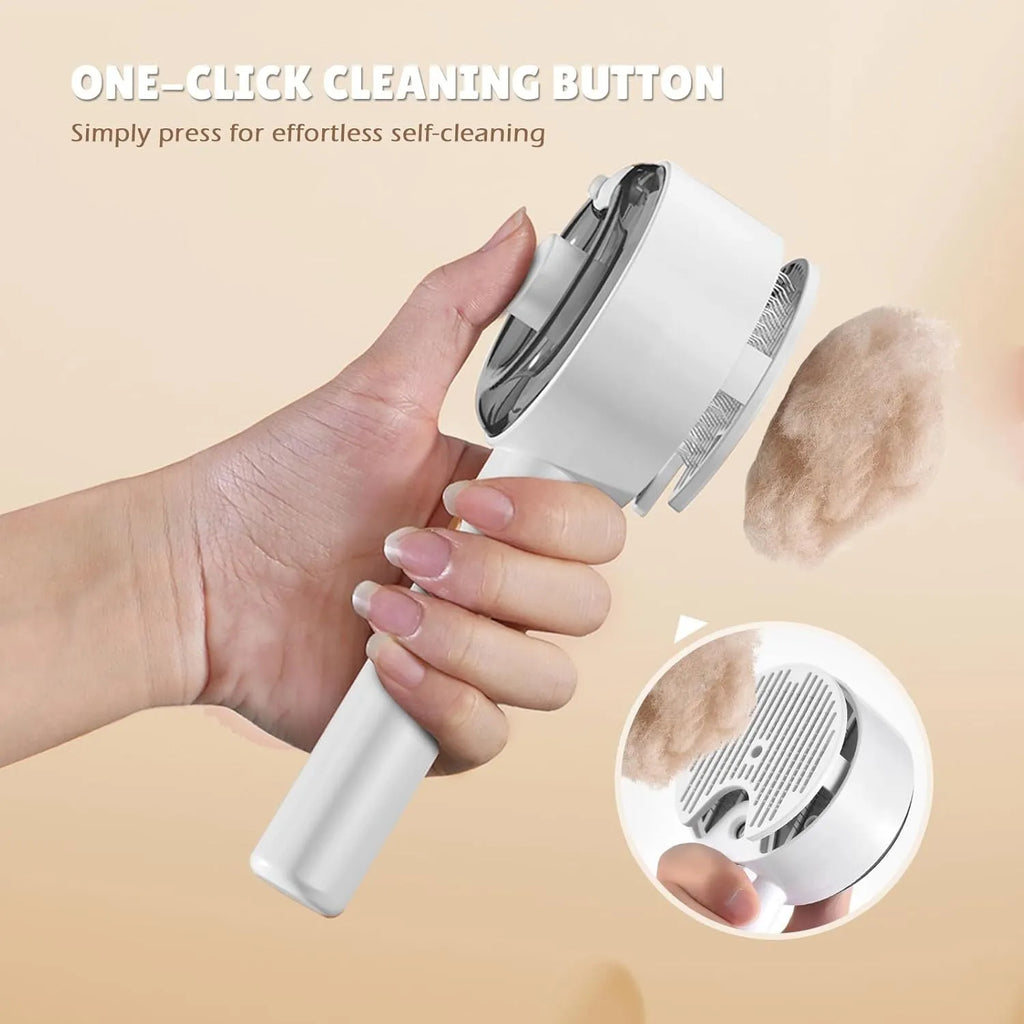 Pink and white cat steam brush with water tank, stainless steel comb, and control buttons for mist and cleaning.