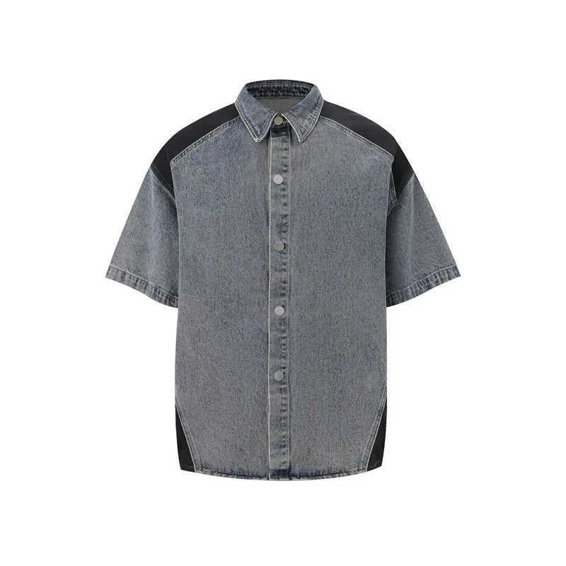 Retro washed denim short-sleeved jacket and full-length trousers co-ord set in blue.