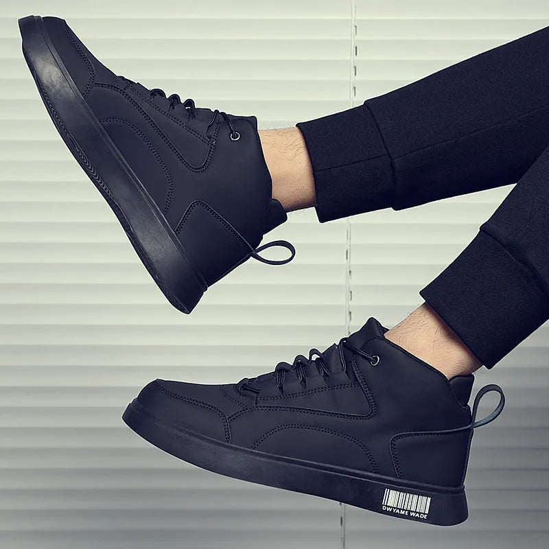 Men's white mid-top casual lace-up trainers with a round toe and flat rubber sole.