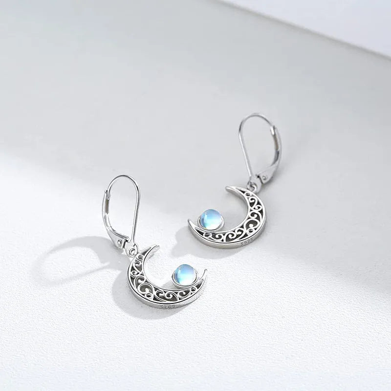 Silver moonstone drop earrings with tremella white fungus ring and hollow out moon design