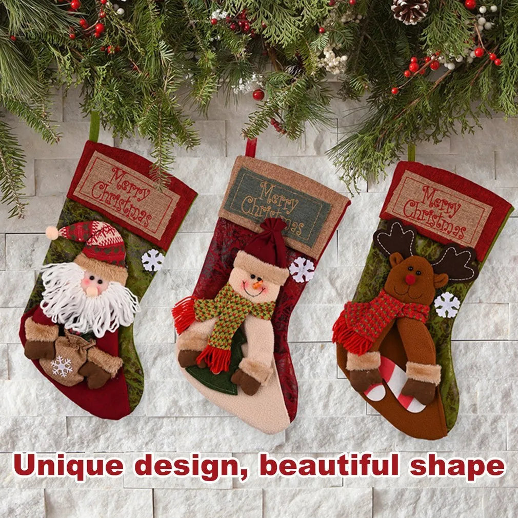 Cloth Christmas stocking with 3D applique design, sturdy hanging loop, and mixed colours for holiday decoration