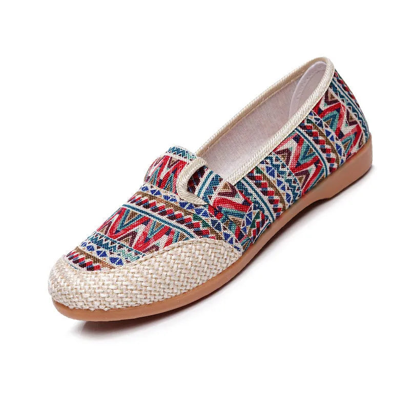 Women's flat-heel ethnic style cloth shoes in assorted colours with colour stitching and a shallow mouth design