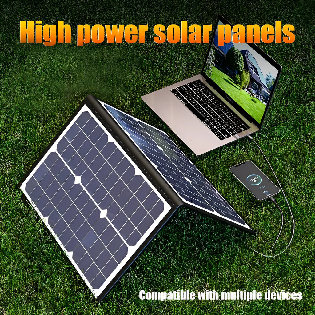 Black 40W single crystal solar panel folded into a slim bag, showing fabric texture and dimensions of 425mm by 285mm.