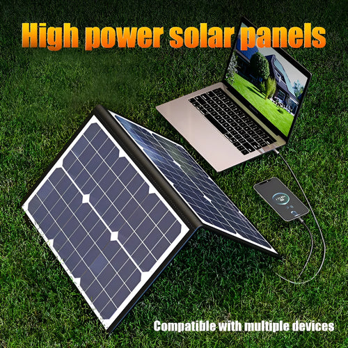 Black 40W single crystal solar panel folded into a slim bag, showing fabric texture and dimensions of 425mm by 285mm.