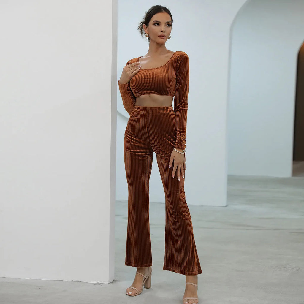 Caramel long sleeve sweater casual set with top and pants, sizes S to XXXL