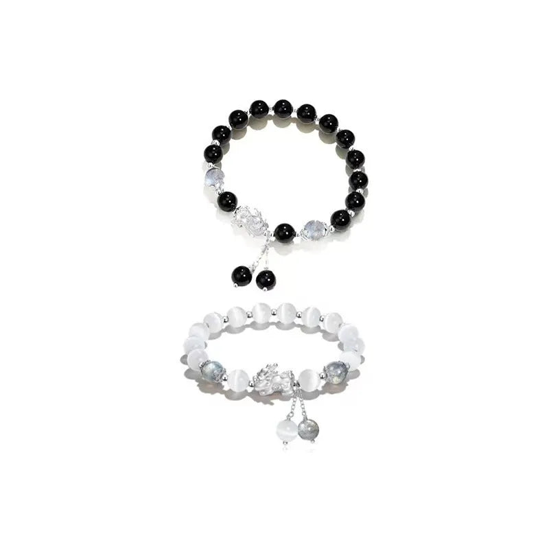 Handmade black agate and grey moonlight couple bracelet with 10mm wave beads.