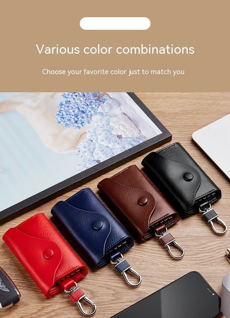 Men's genuine leather keycard holder with key fob in square Korean-style design