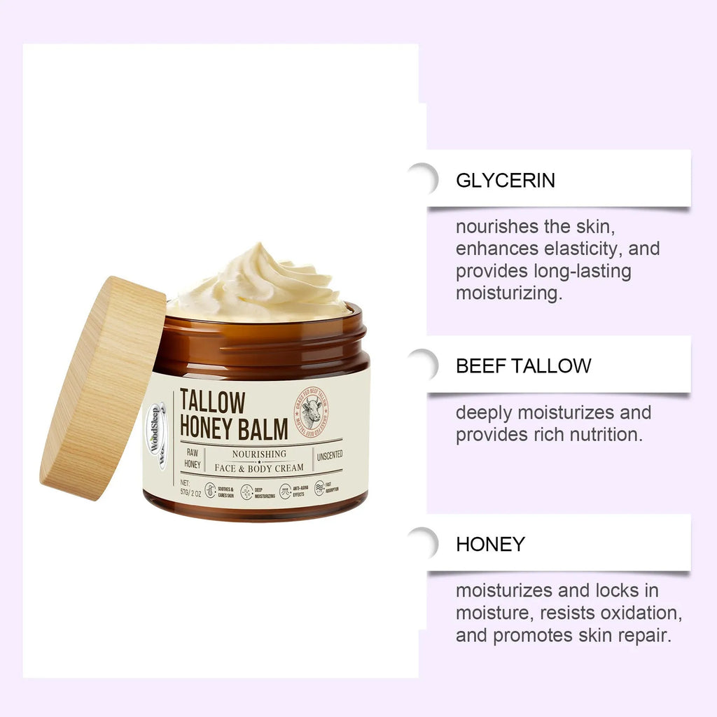 57g tallow honey skin repair moisturising cream container with ingredients label showing titanium dioxide and zinc oxide