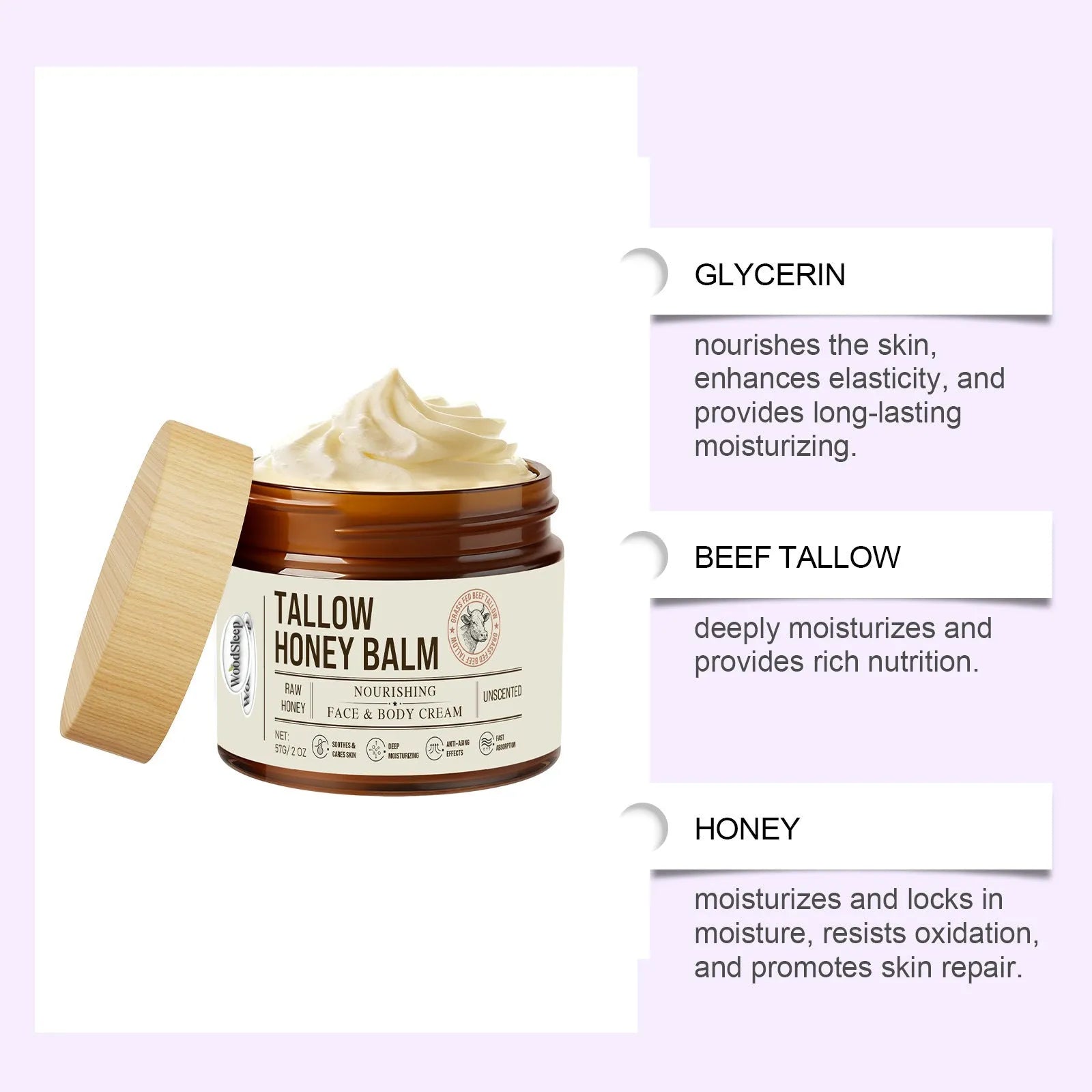 57g tallow honey skin repair moisturising cream container with ingredients label showing titanium dioxide and zinc oxide