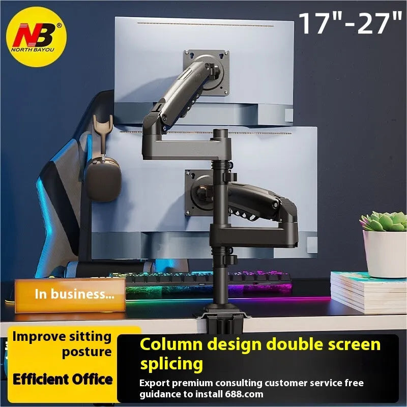 Aluminium dual monitor desk stand holding two screens, with mechanical adjustment arms.