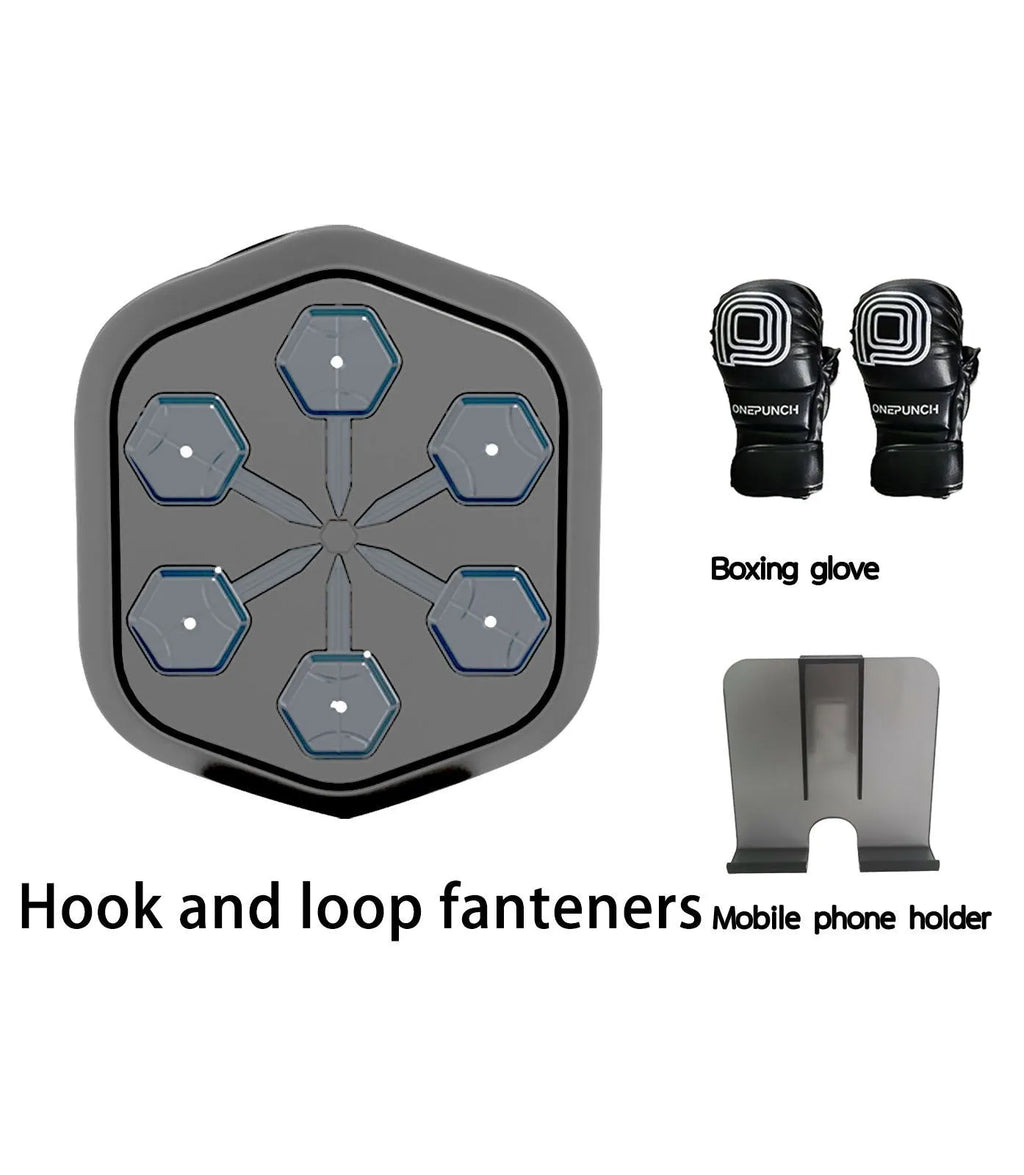 Black smart music boxing machine with Bluetooth connection and included gloves on a stable surface.