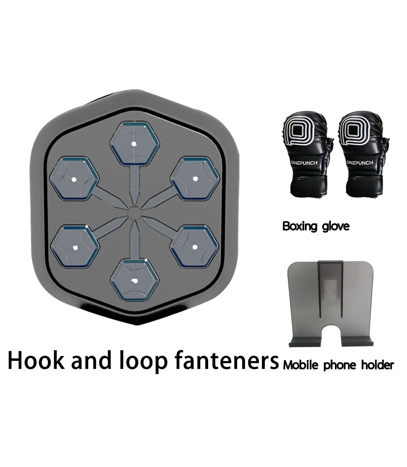 Black smart music boxing machine with Bluetooth connection and included gloves on a stable surface.