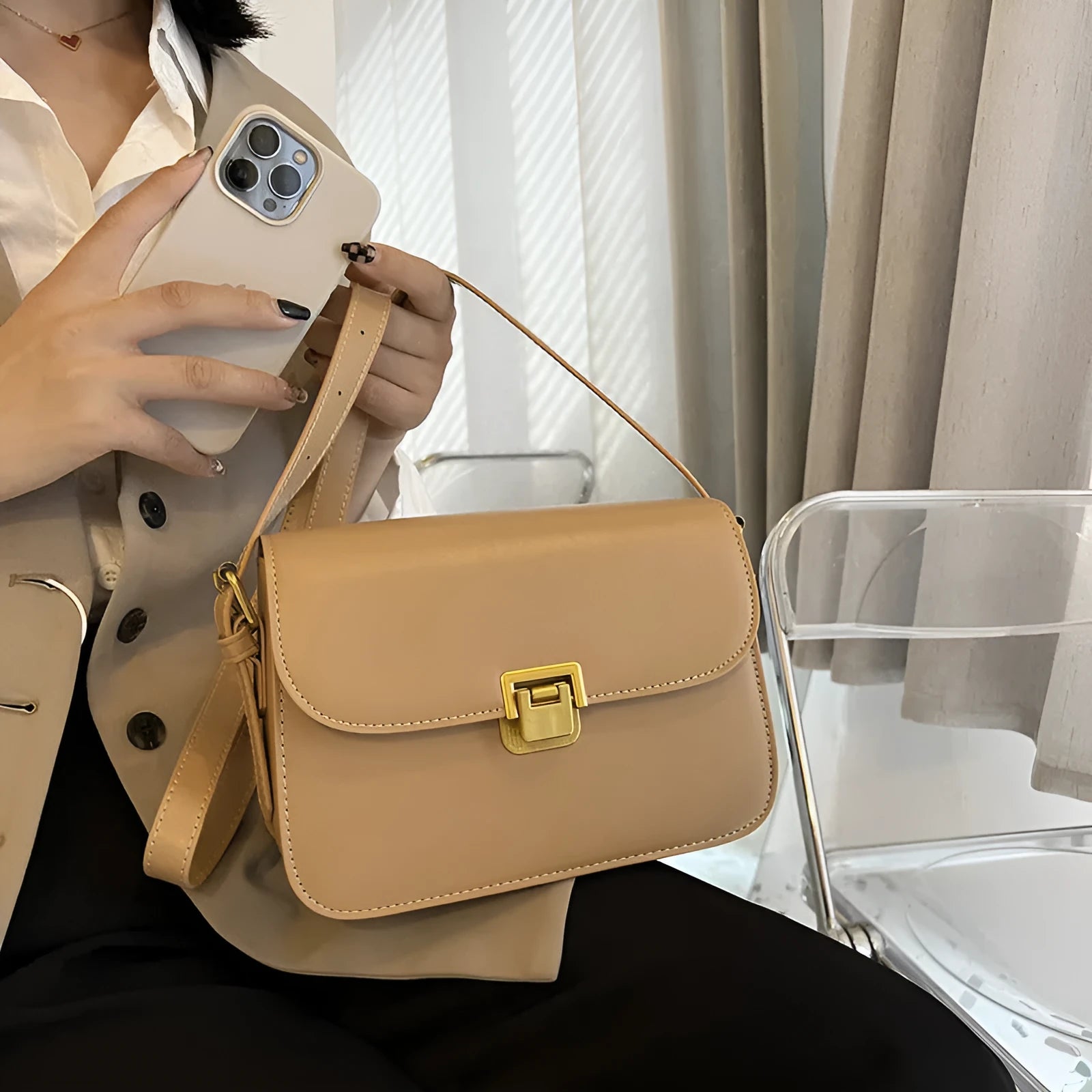 Soft black PU leather women's small square cross-body bag with a shoulder strap