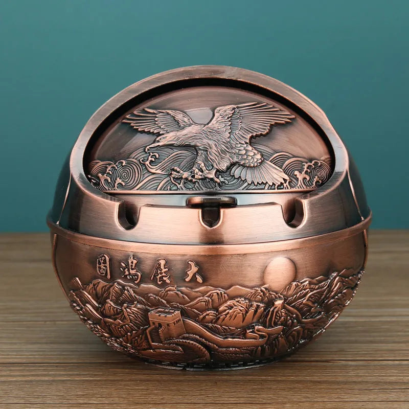 Creative bronze and red copper alloy ashtray with smoke extinguishing slot in various decorative styles.