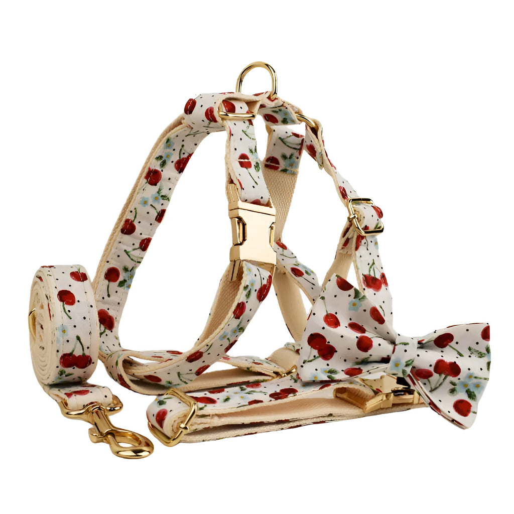 Red cherry print dog collar and leash set with light gold buckle and detachable bow strap