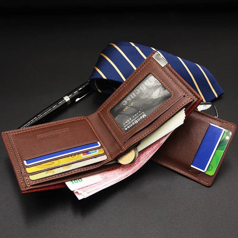 Men's black PU leather short wallet with iron-edge detailing and card-picking feature
