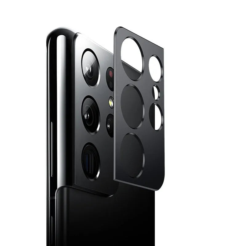 Full-covered aluminum alloy camera lens ring for Samsung Galaxy S21 Ultra 5G in black, 0.7mm thin, with adhesive backing