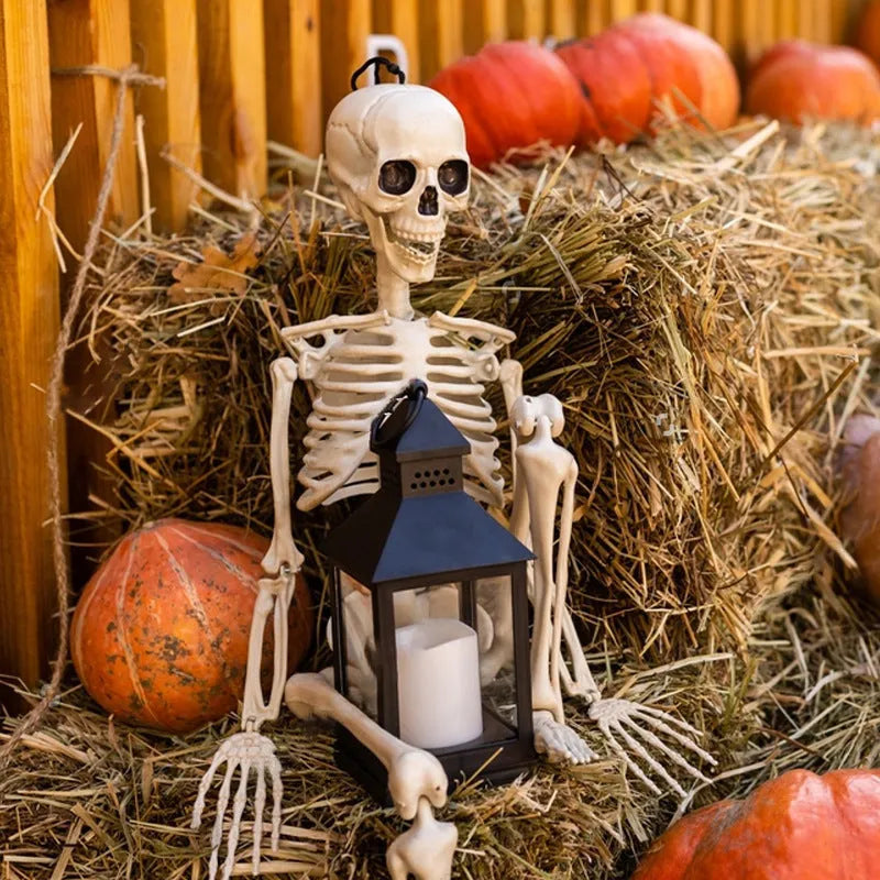 90cm tall movable joint plastic skeleton Halloween decoration prop posed outdoors.
