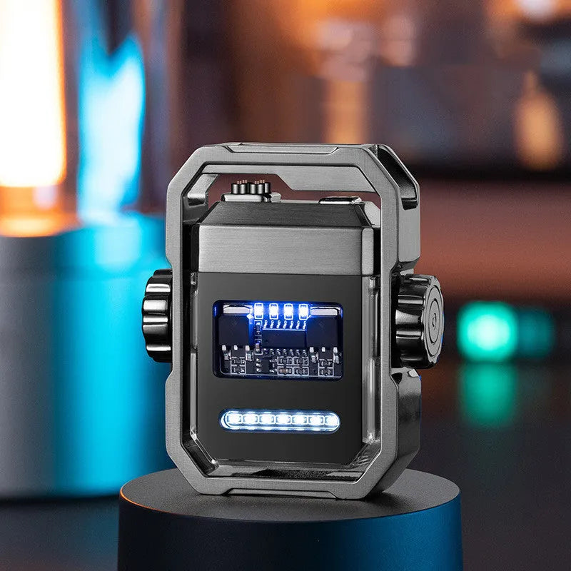 Blue zinc alloy electric arc lighter with a spinning mechanical gyroscope on a black background.