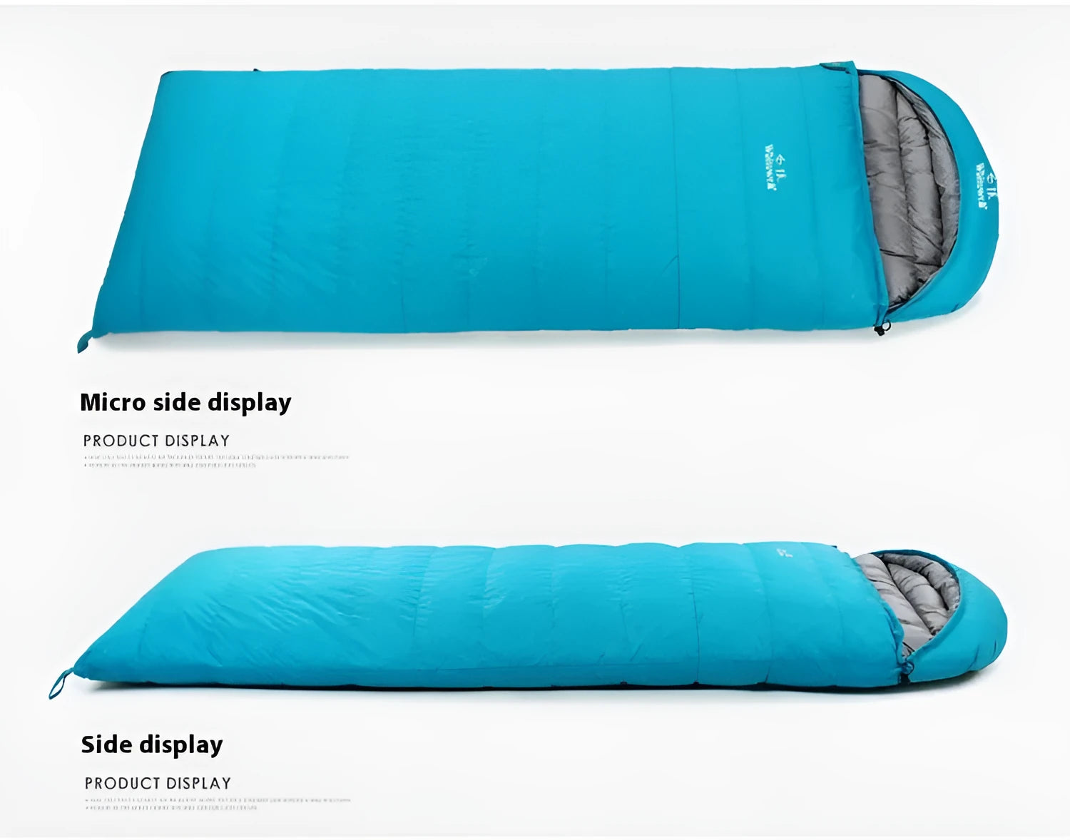 Black envelope-style adult sleeping bag with white goose down filler and tear-resistant nylon fabric.