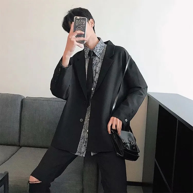 Casual men's loose thin suit jacket in black cotton blend, long sleeves, Korean style for spring autumn