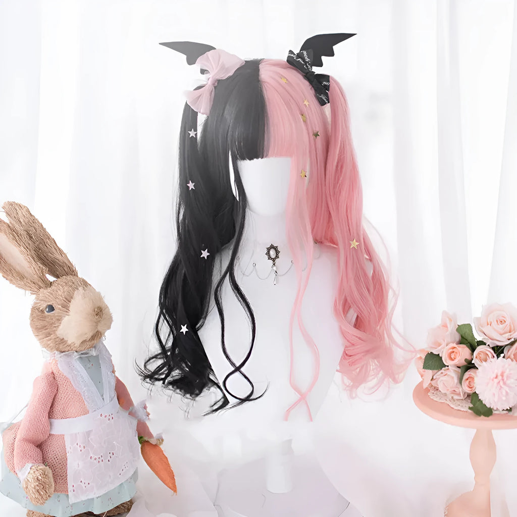 Harajuku Japanese Lolita long curly black and pink wig with full fringe, shown on a model.