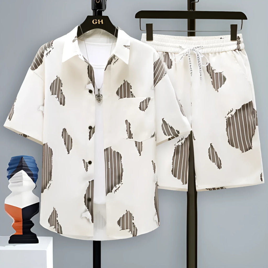 Men's casual sports shorts two-piece set in polyester, showing short sleeve top and matching shorts.