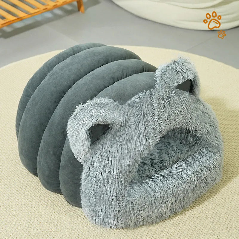 Plush cat dog bed with cat ears decoration and collar in blue gray available in sizes M and L