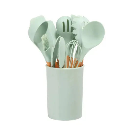 12-piece silicone kitchenware set with wooden handles in red colour box packaging, modern simplicity style