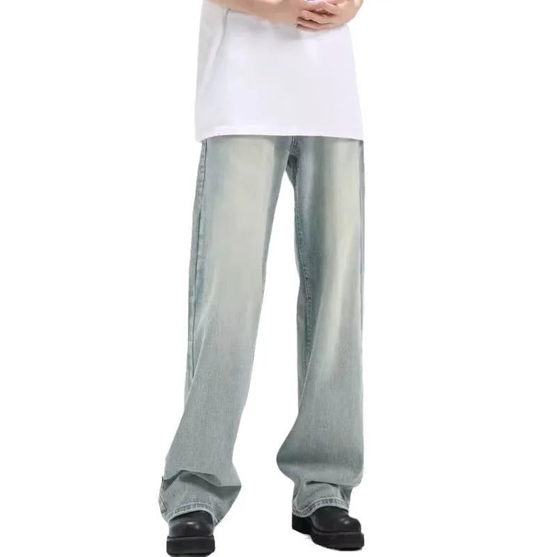 Blue retro loose-fit casual trousers made from rabbit fur with an elasticated waistband.
