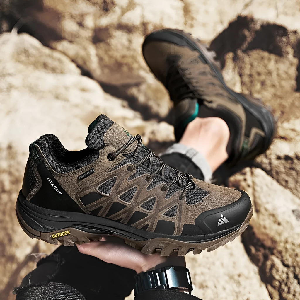 Men's synthetic leather climbing shoes in khaki with a round toe and low heel profile.