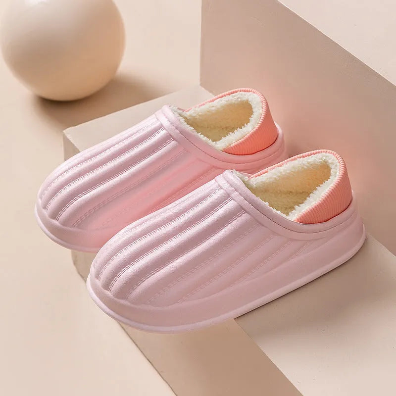 Thickened couple slippers in grey, EVA sole, non-slip, round toe, plush lined winter home shoes