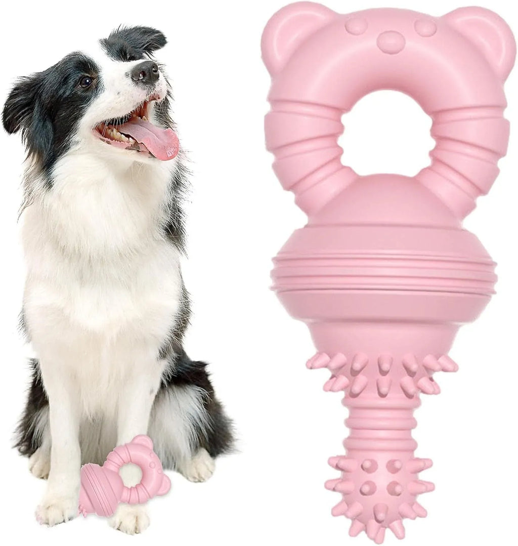 Blue rubber dog chew toy with textured surface and bell inside, for aggressive chewers.
