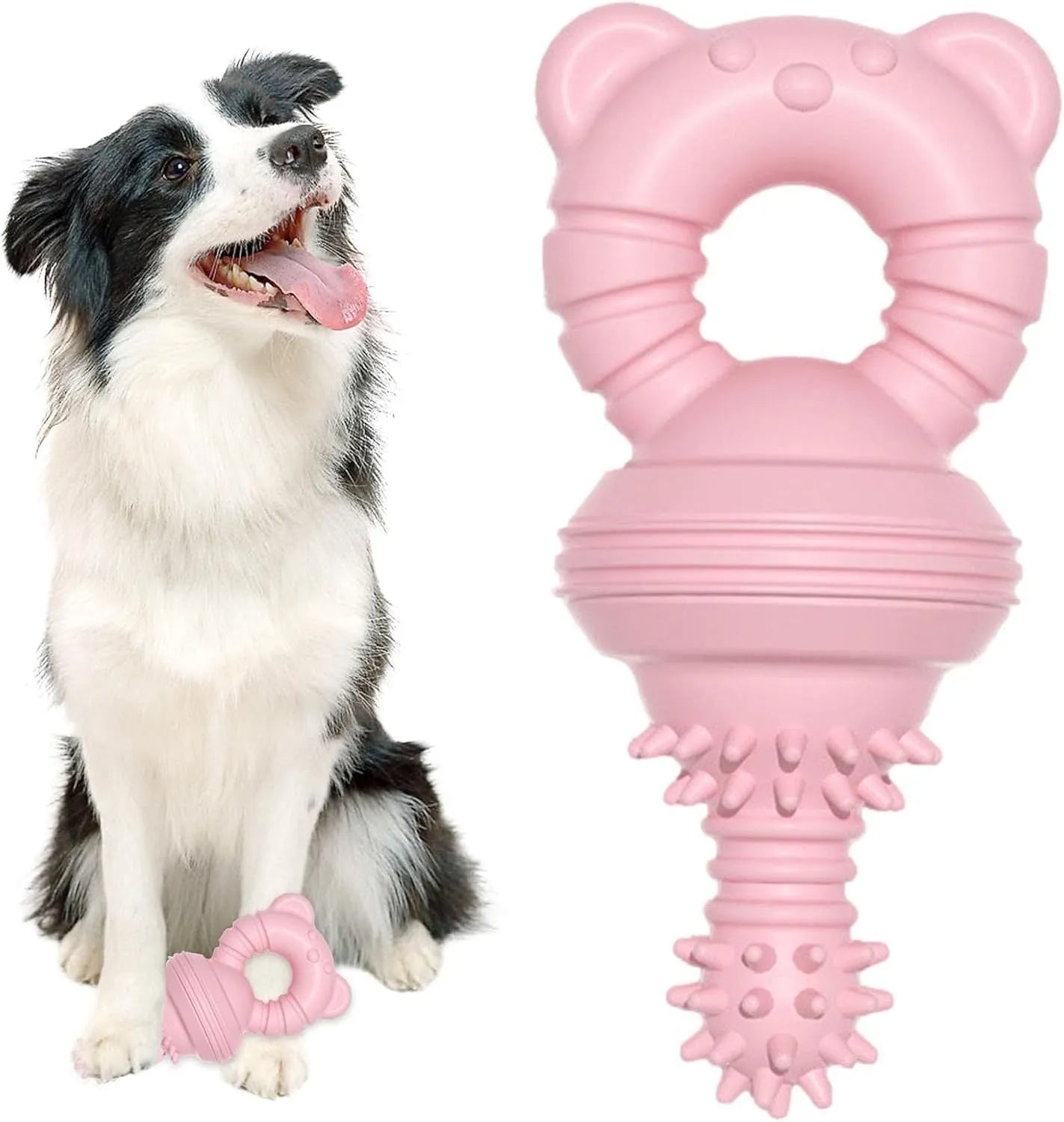 Blue rubber dog chew toy with textured surface and bell inside, for aggressive chewers.