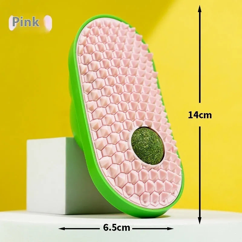 Cat self-service scratching toy in yellow, green, and pink made from ABS and TPE materials measuring 14x6.5cm