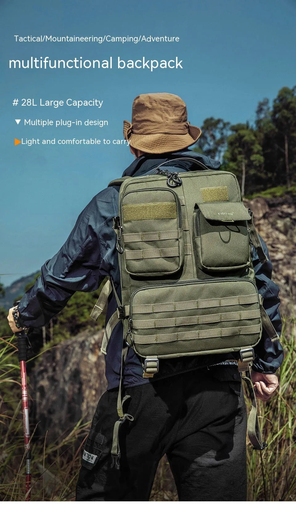 Army green 17-inch tactical backpack with waterproof nylon construction and 20-35 litre capacity