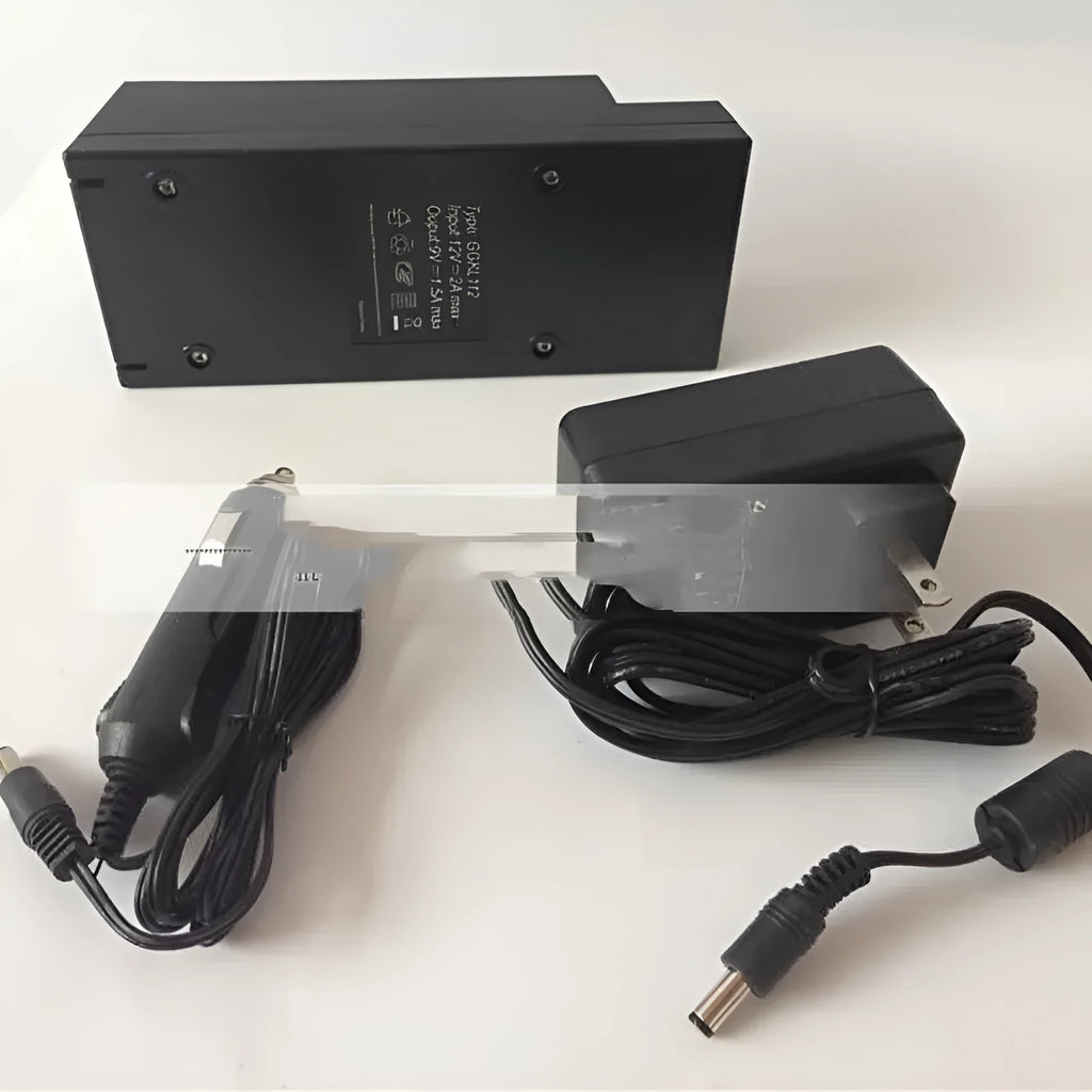 GKL112 white dual USB car charger with UK three-pin plug, shown next to a car's 12V dashboard socket.