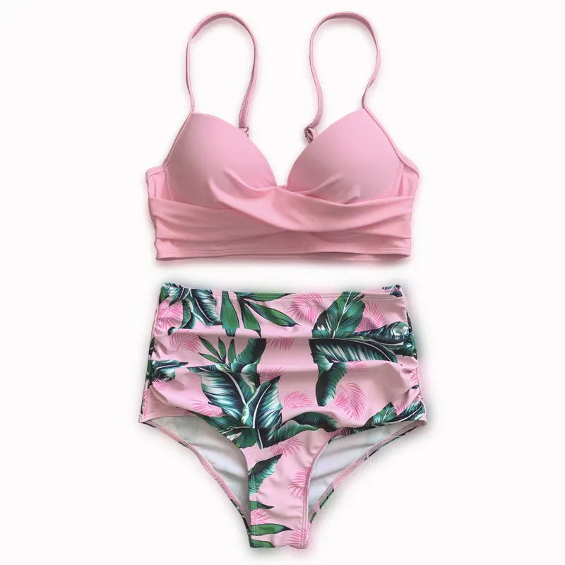 Women's steel bracket push up high waist bikini set in floral pattern with split style shorts