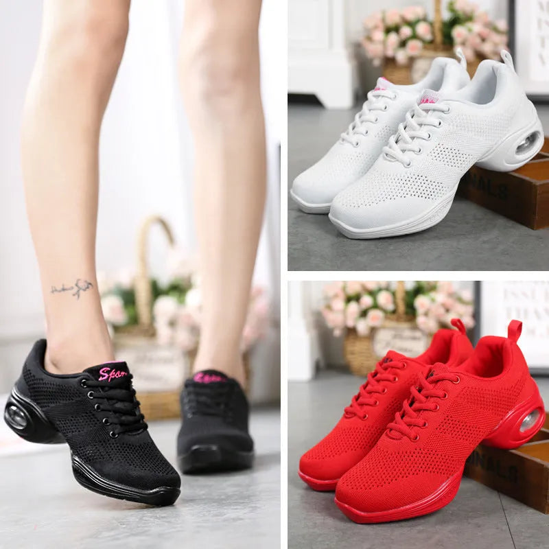 Women's breathable Flyknit mesh dance shoes in multiple colours with a soft PU sole.