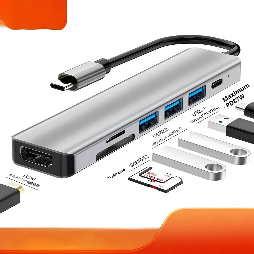 A USB-C 7-in-1 multi-function expansion dock hub with an attached 15cm cable.