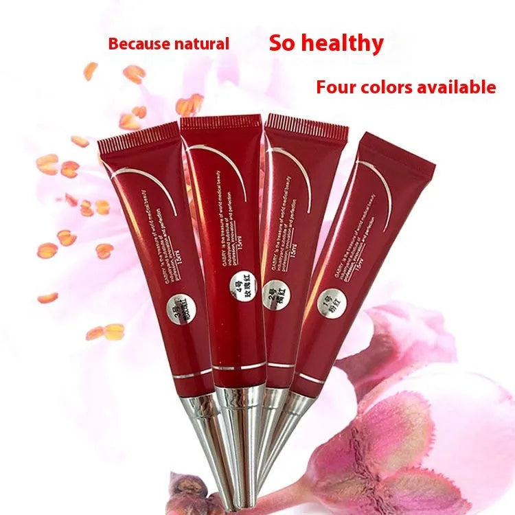Vermilion lip gloss tube and lip lotion in shades Pink, Orange Red, Bright Rose Red, Rose Red, Seashell.